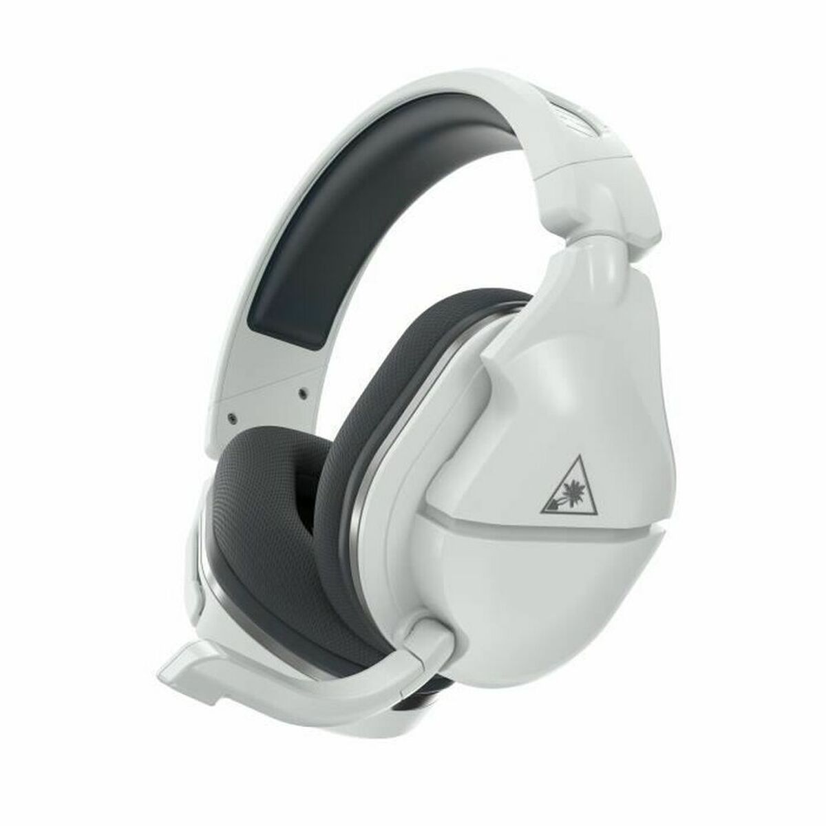 White gaming headset with black ear cushions on a white background