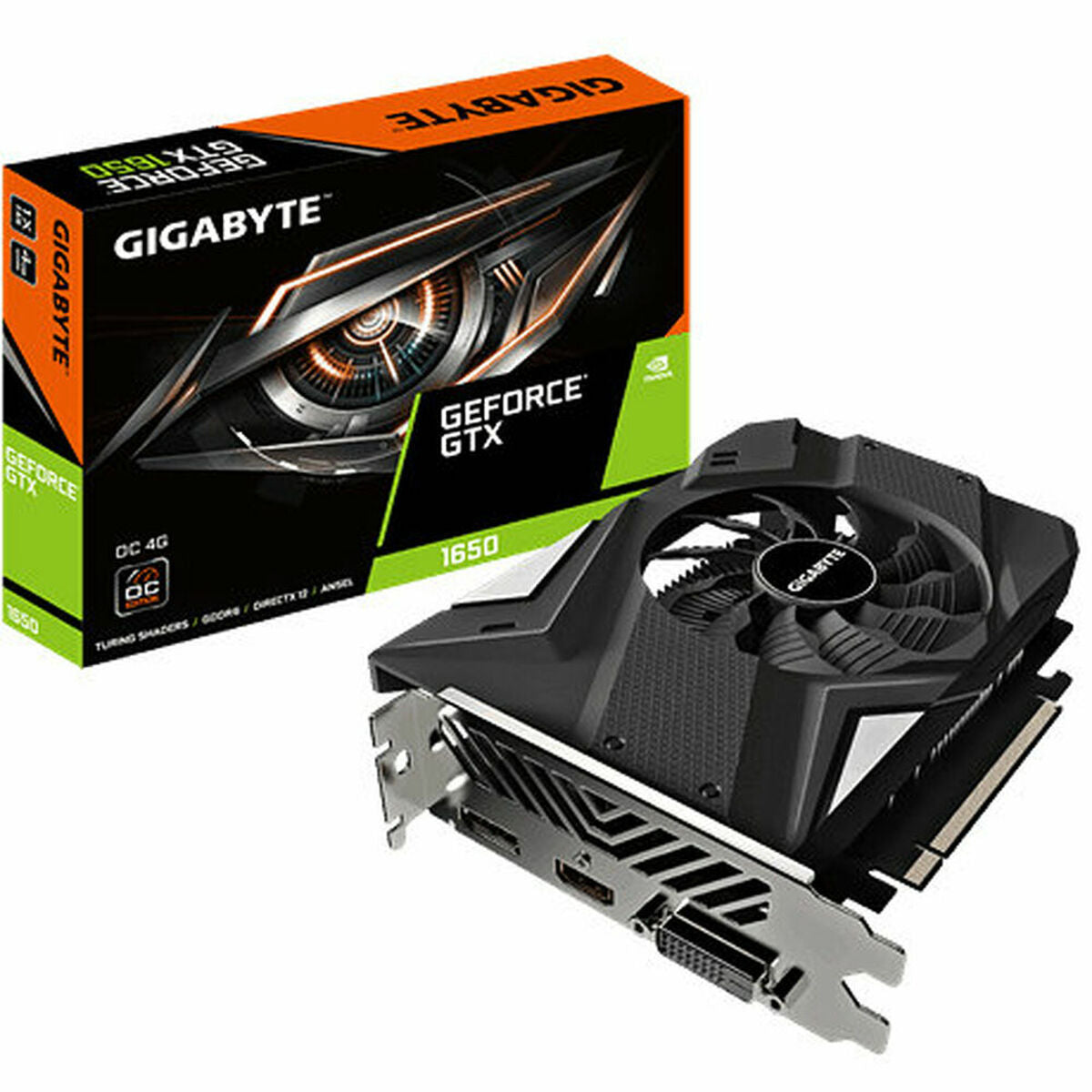 Gigabyte GeForce GTX graphics card with packaging on a white background