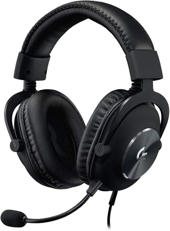 Black gaming headset with microphone on a white background