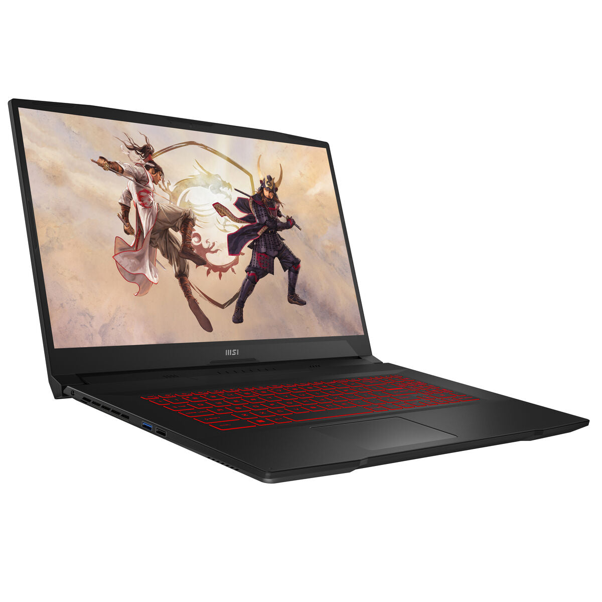 Laptop with a warrior-themed display on a white background
