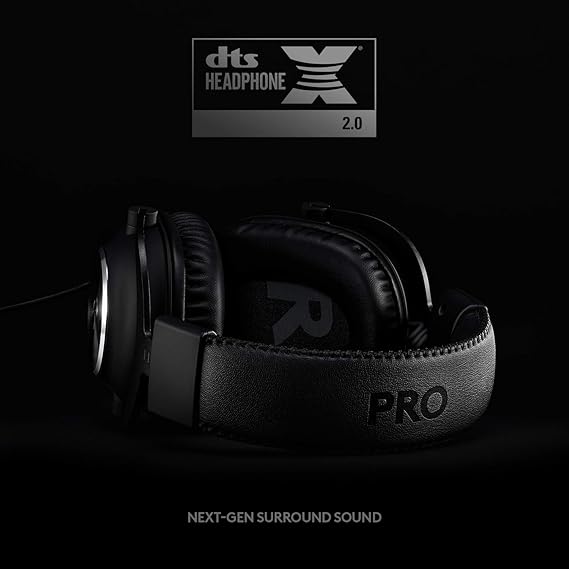 Black headphones with 'PRO' branding on a black background, featuring the DTS Headphone:X logo.