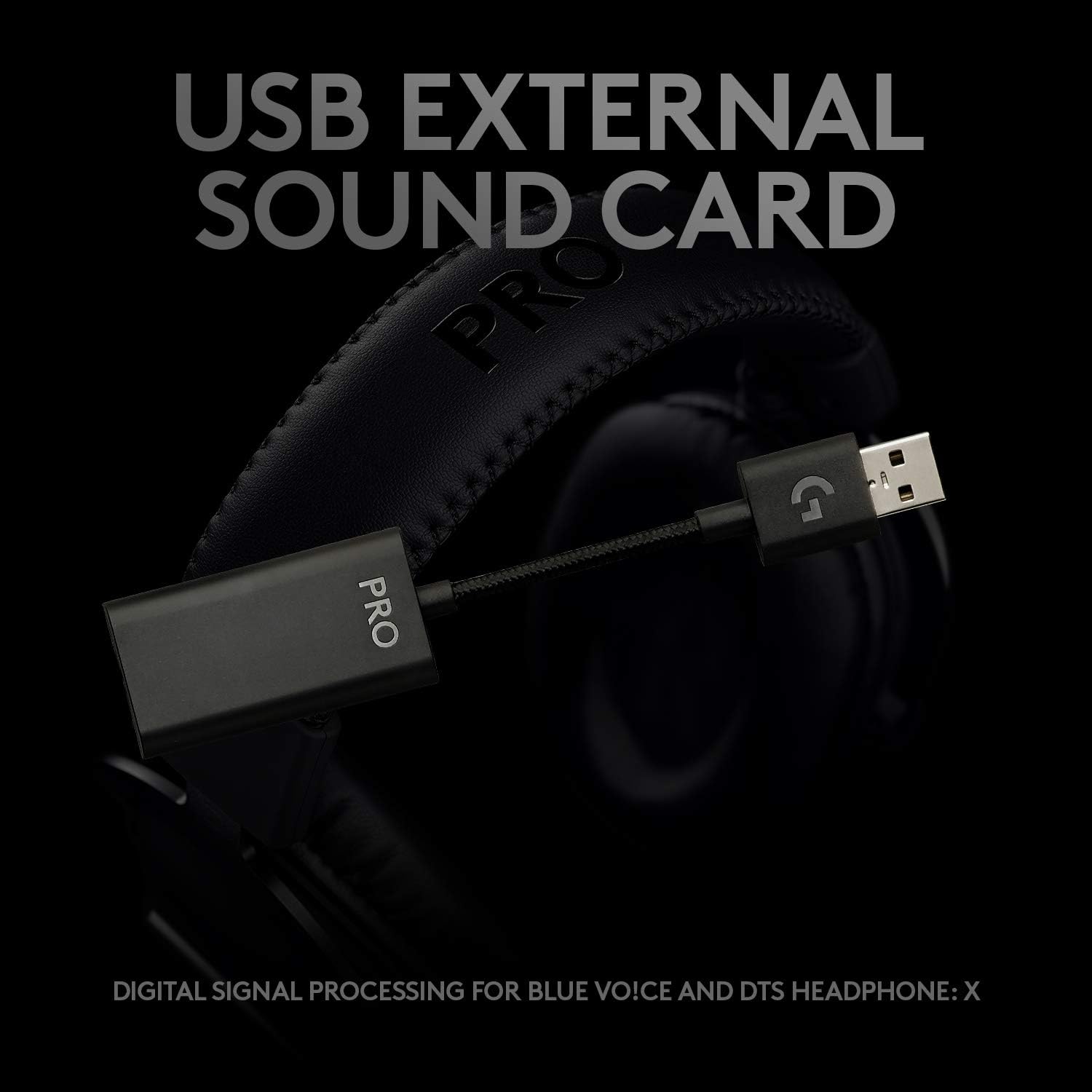 USB external sound card with headphones on a black background