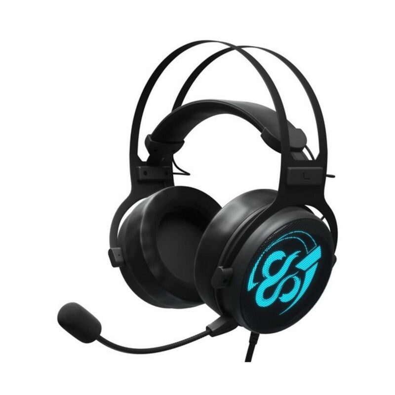 Black gaming headset with blue logo on a white background