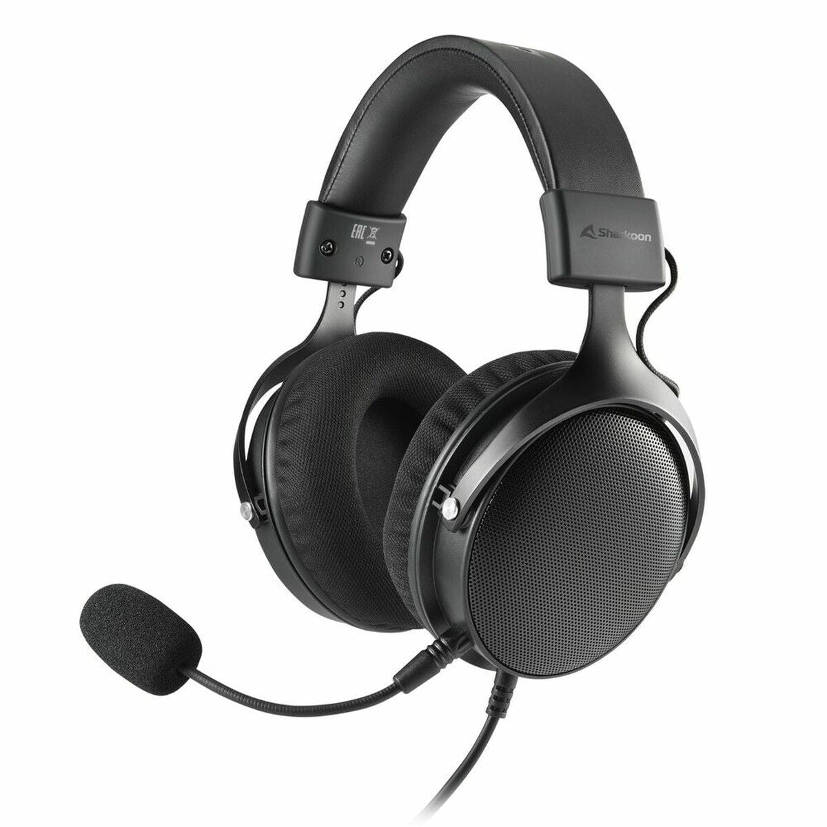 Black gaming headset with microphone on a white background